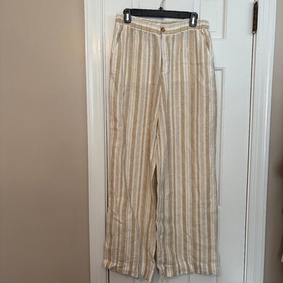 Faherty Monterey Linen Wide Leg Pants Tan Stripe Elastic Waist - M - Picture 3 of 9